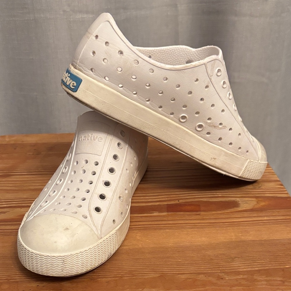 Native White Jefferson Slip-On Sneakers with Blue Heel Tab